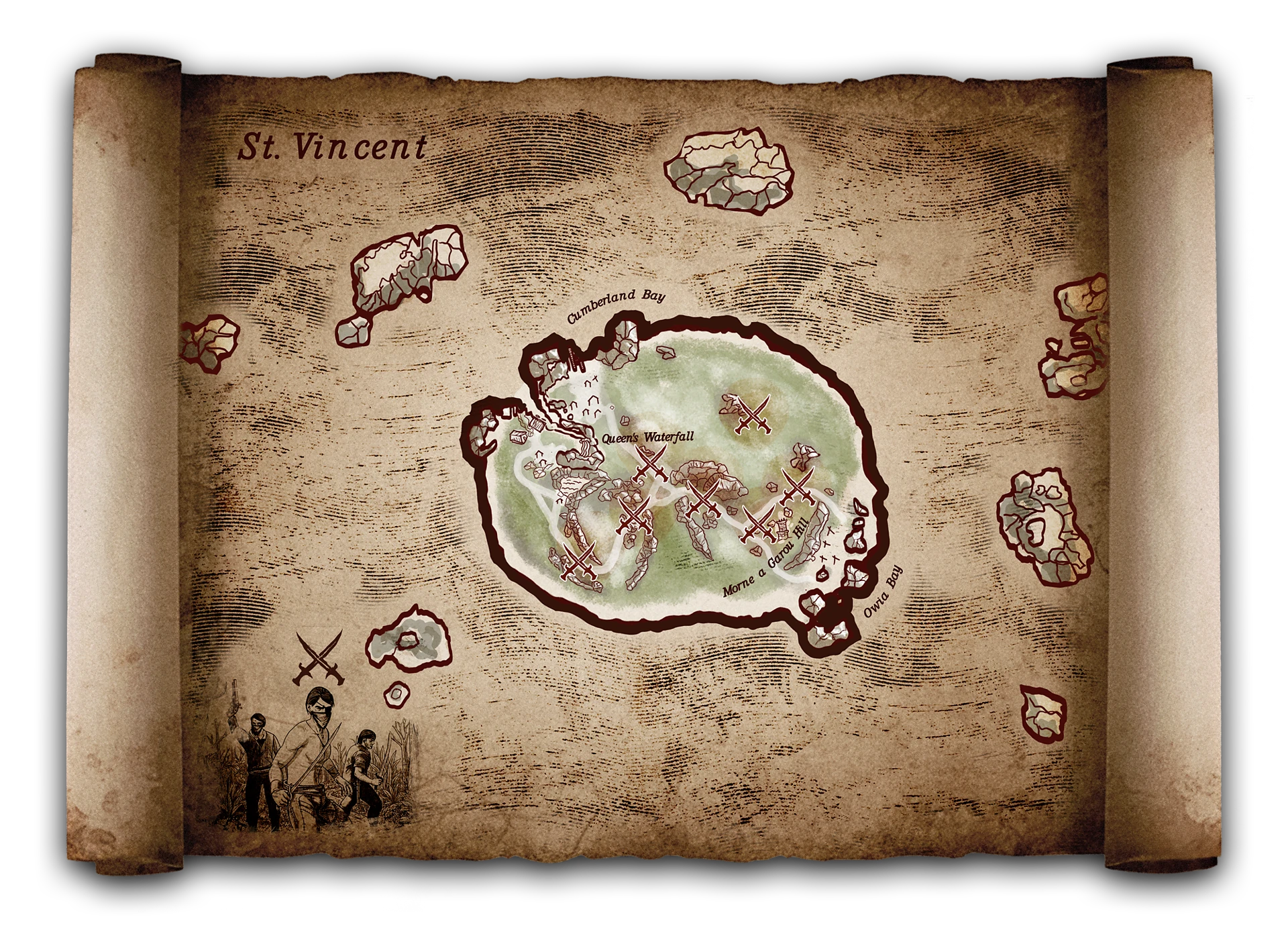 Karte von Saint Vincent mit markierten Banditenangriffen in Corsairs Legacy