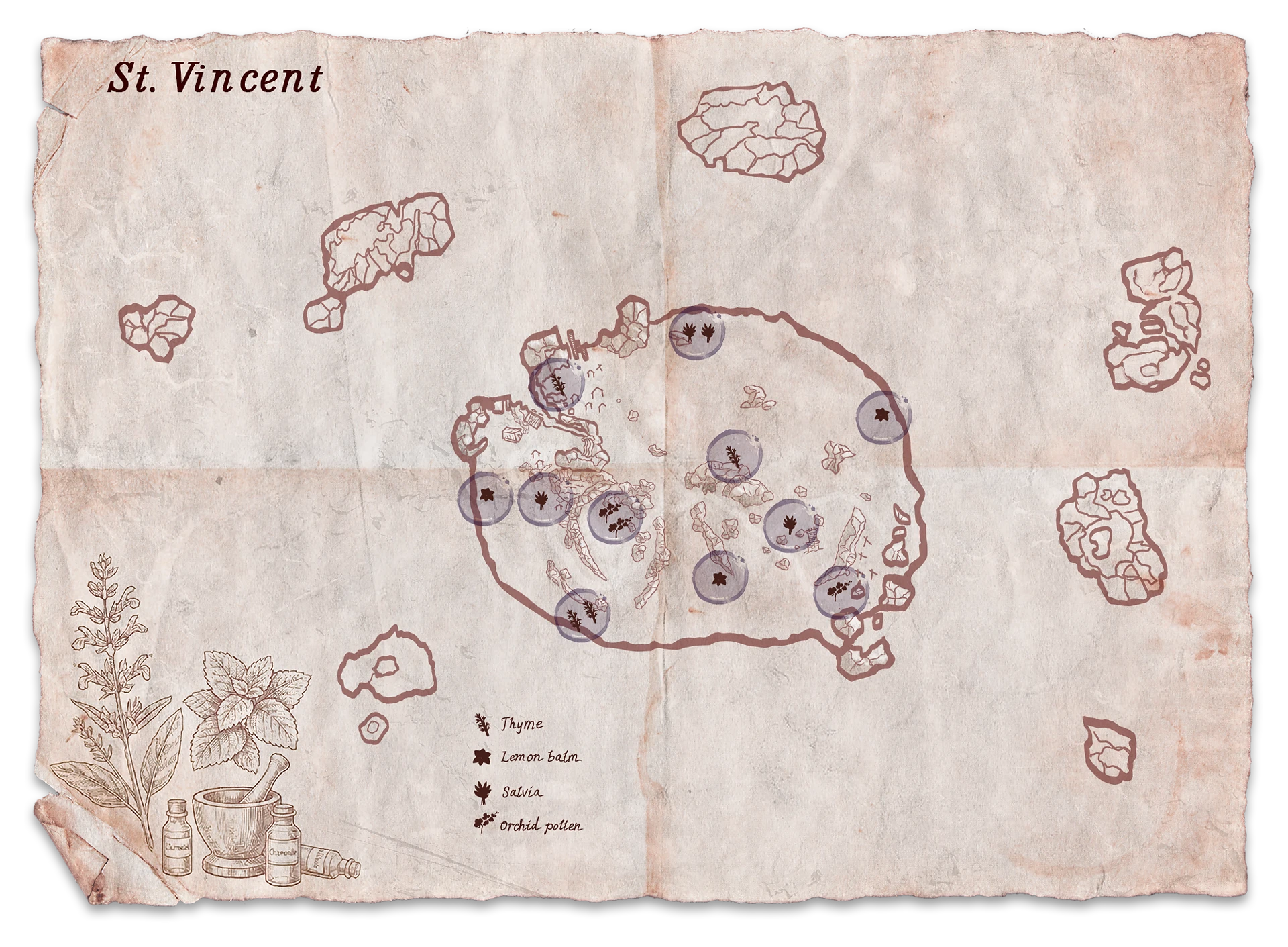 Karte wertvoller Kr&auml;uter auf der Insel Saint Vincent in Corsairs Legacy