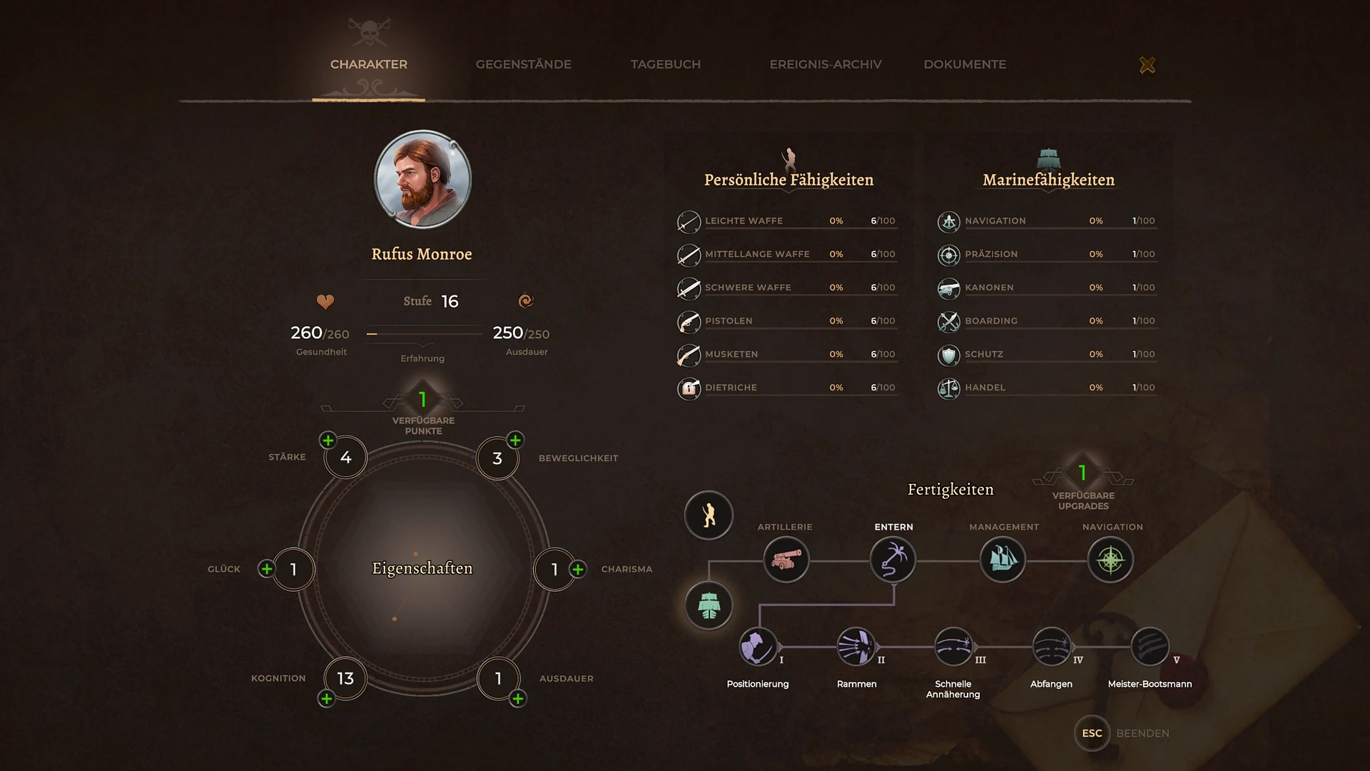 Charakterentwicklung in Corsairs Legacy: Charakterwerte, F&auml;higkeiten, Fertigkeiten und Charakterstufe
