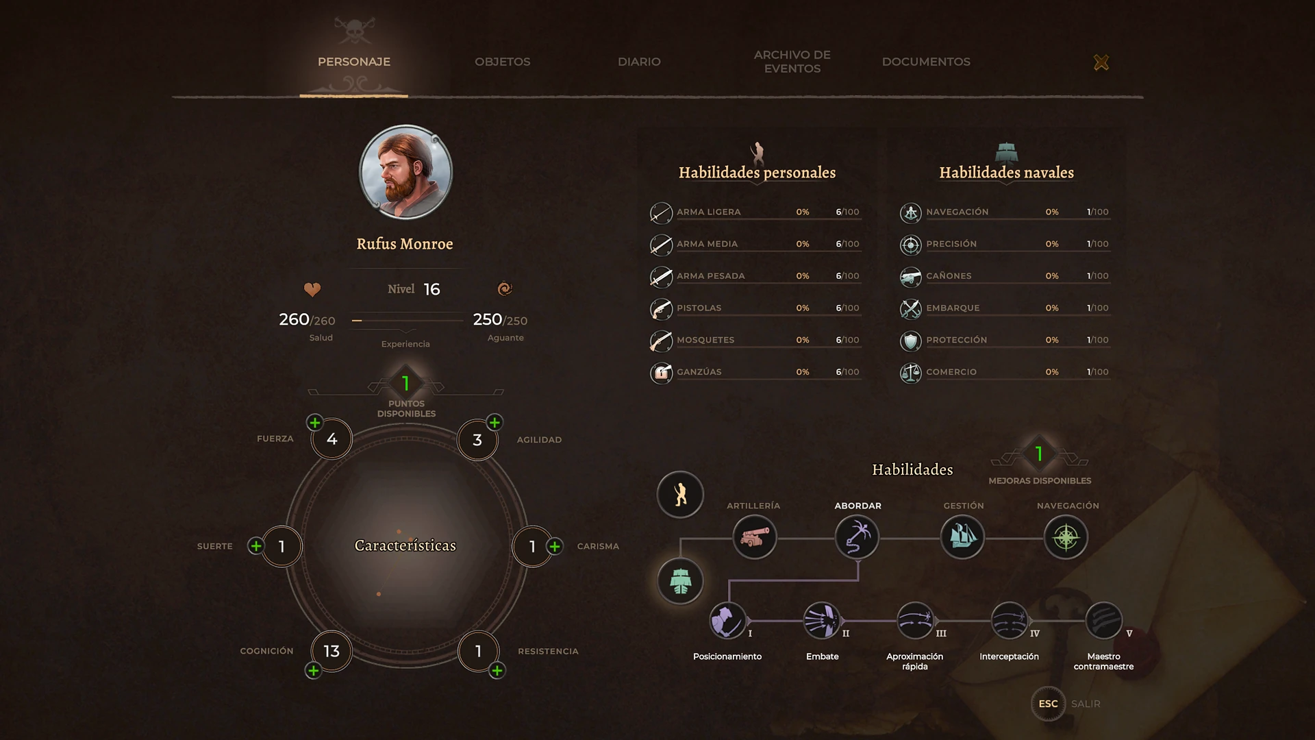 Progresi&oacute;n del personaje en Corsairs Legacy: caracter&iacute;sticas, habilidades, destrezas y nivel del personaje