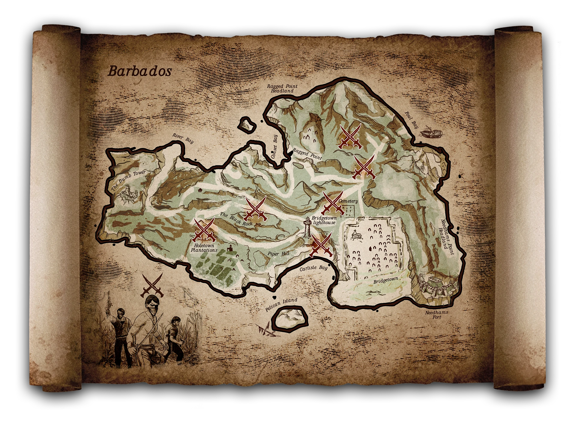 Map of Barbados with Bandit Attack Markers in Corsairs Legacy