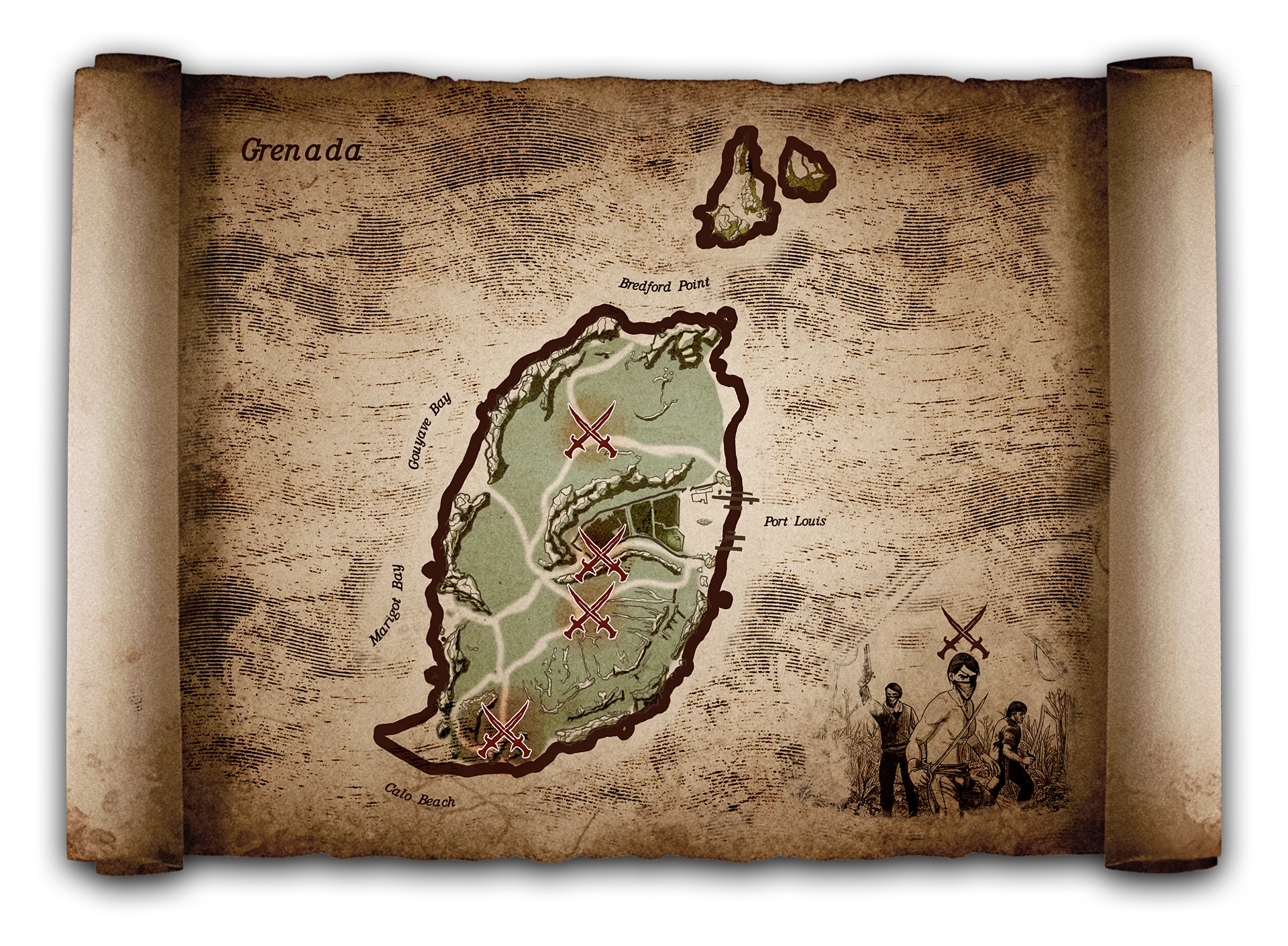 《Corsairs Legacy》中的格林纳达地图,带有匪徒袭击标记 《Corsairs Legacy》中的格林纳达地图,带有匪徒袭击标记