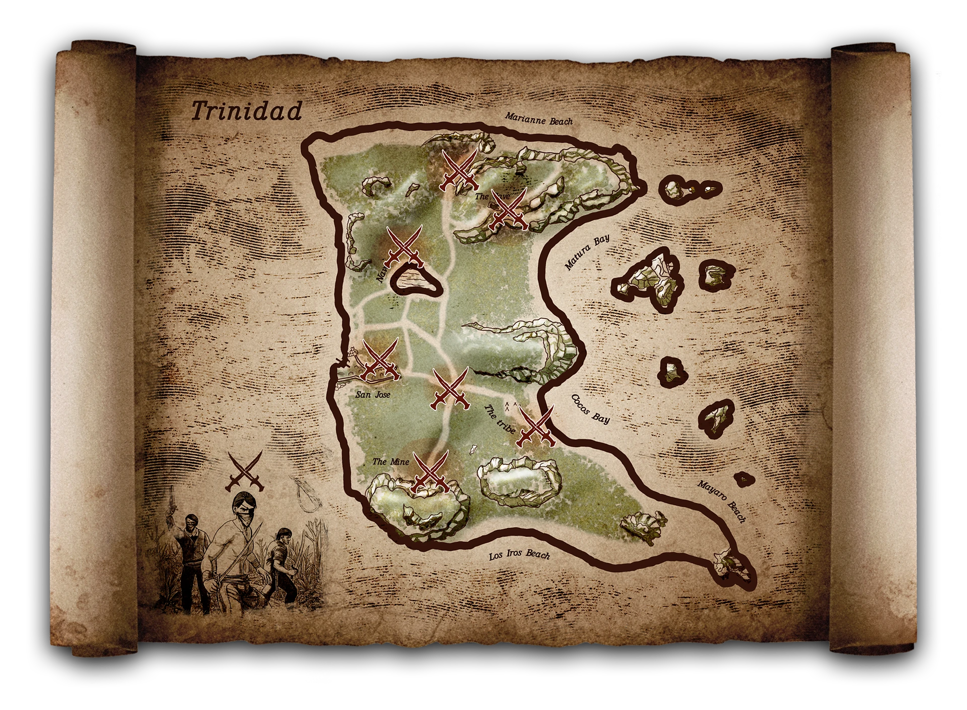 《Corsairs Legacy》中的格林纳达地图，带有匪徒袭击标记