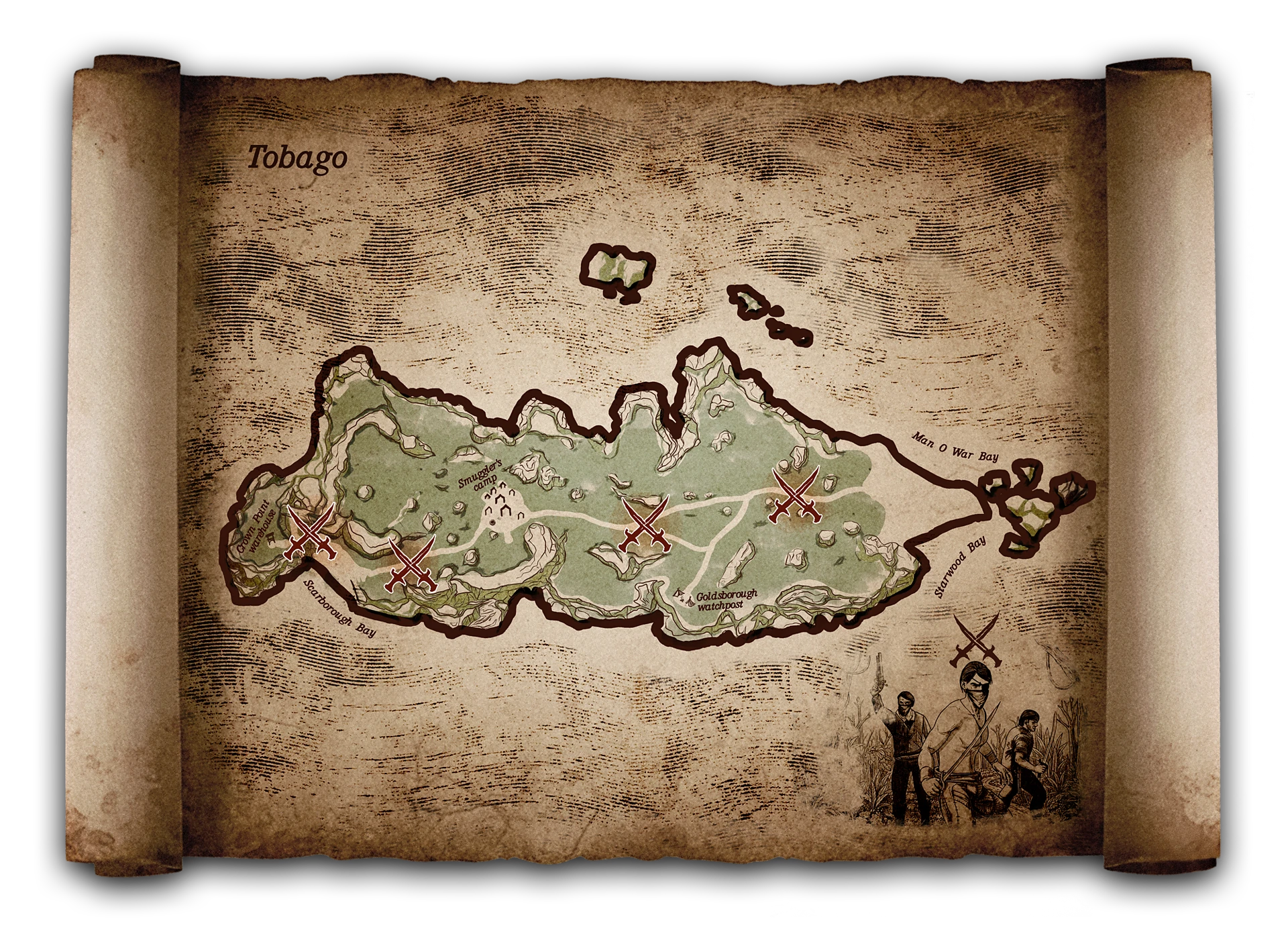 Karte von Tobago mit Markierungen von Banditenangriffen in Corsairs Legacy