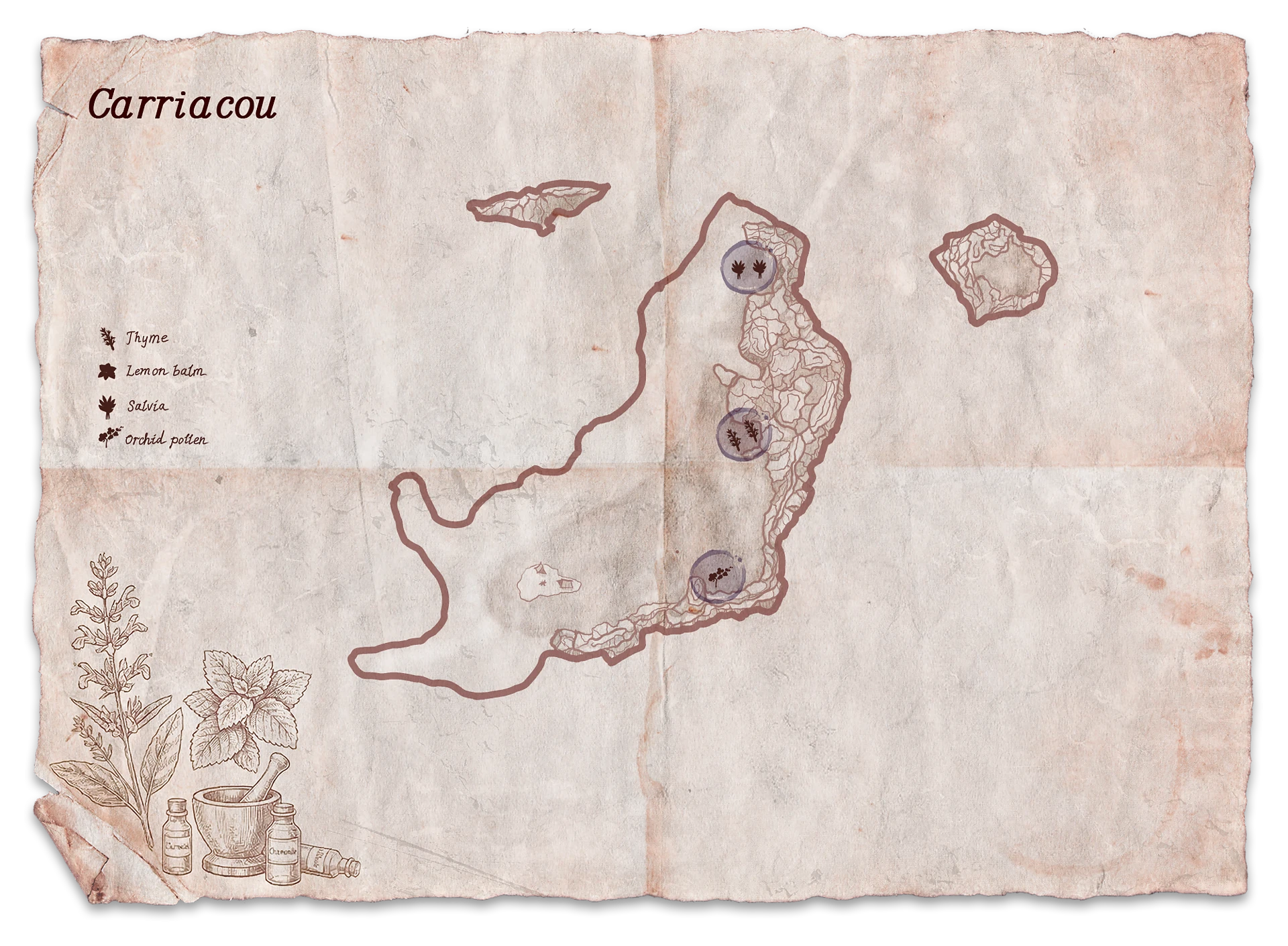 Mapa de ervas valiosas em Carriacou em Corsairs Legacy